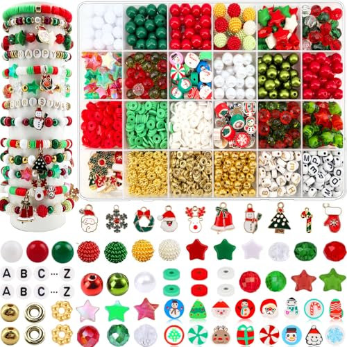 1456Pcs Christmas Bracelet Making Kit, Christmas Beads Charms for Jewelry Making Red Green Clay Beads Pearl Beads Star Round Crystal Bead Snowflake Santa Xmas Tree Pendants for Necklace Earrings Craft