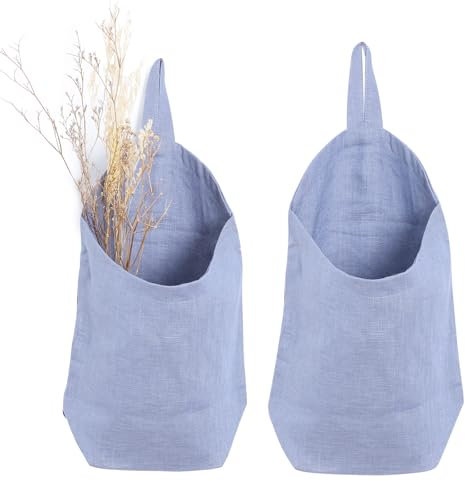 HSOFTIFY 100% Linen Hanging Bags - 2 Pcs, Small Wall Storage Baskets for Kitchen, Bedroom, RV, Camper Organizer, Sewing Room, Nursery, Kids Room, Blue