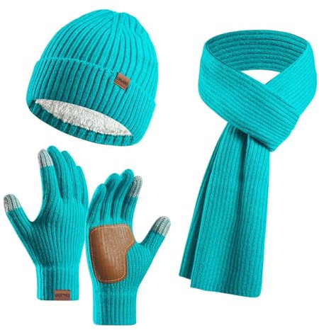 Barts-mütze-Damen, Winter Warm Damen Beanie Mütze Loop Schal und Handschuhe Set, Mädchen Jungen Bommel Wintermütze Strickmütze Schlauchschal Fäustlinge mit Fleece Gefütterte