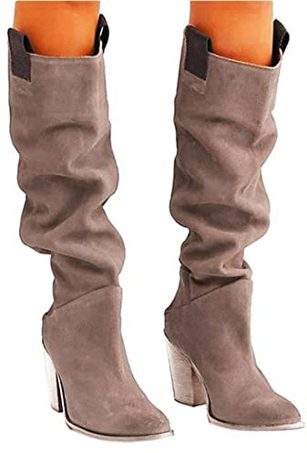 Stivali da donna in pelle scamosciata con tacco – Stivali da donna con tacco a blocco, alti al ginocchio, lunghi stivali western casual sopra il ginocchio, stivali da motociclista, beige., 42