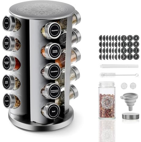 SXTIHD Portaspezie girevole in acciaio inox con 20 barattoli rotondi da 100 ml, etichette