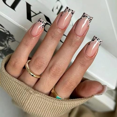24PCS Long French Press On Nails for Women, Classic Pink Leopard Design, Medium Length Fake Nails for Gifts or Easy DIY Nail Art, Comfortable and Secure Fit
