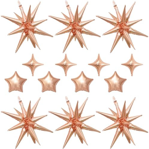 14pcs Rose Gold Star Balloons, Mixed Star Foil Balloon, 22Inch Explosion Stars Balloons with 10Inch Stars Shaped Balloon,for Wedding Bridal Shower Princess Party Girl Birthday Baby Shower Decorations