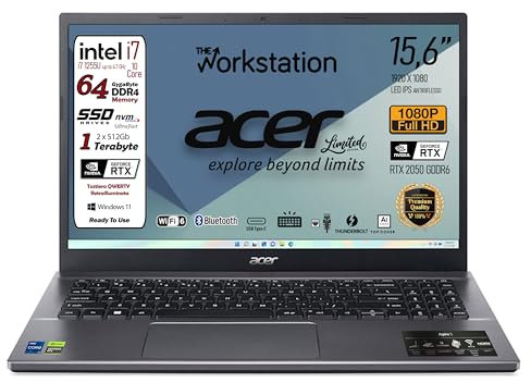 acer Ordenador portátil Intel Core i7-1255U, 10Core, RAM 64 GB, Svga Geforce RTX2050 dedicada, SSD Pcie 1 TB (512 Gbx2), pantalla 15,6 FHD IPS, teclado retroiluminado, thunderbolt, Win 11,