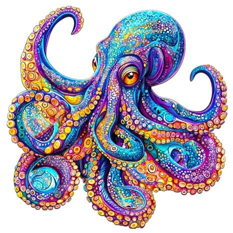 Jigfoxy Wooden Jigsaw Puzzles for Adults, Colorful Octopus Wood Puzzle 265pcs, Unique Animal Shape, Birthday Gifts for Family Friend(13.4 * 13.3in)