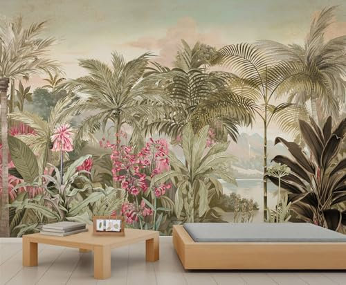Tropical Rainforest Mural Plant Flower Accent Wallpaper Palm Tree Pink Floral Wallpaper Nature River Mountain Kids Wall Paper for Bedroom Living Room Wall Mural Poster Decor 250X175cm