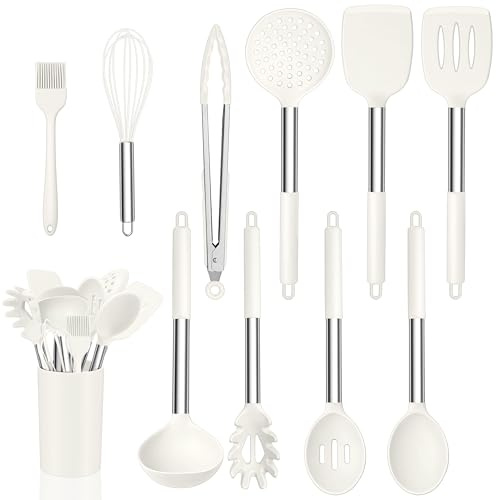 Onader Küchenhelfer Set, 11 Stück Silikon Küchenutensilien Kochbesteck Set mit Edelstahlgriff, Antihaft Kochutensilien Set für Kochen und Backen, Hitzebeständiger & Spülmaschinenfest, Weiß