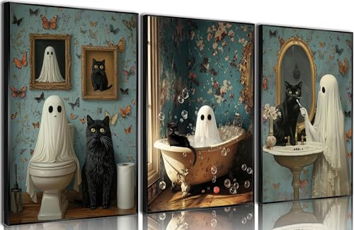 NBYARTQ Halloween-Geister-Poster, Wandkunst, Horror-, Grusel- und Dark-Academia-Drucke, Geister- und schwarze-Katze Wanddeko-Bilder für Badezimmergalerie und Wohnkultur, 3er-Set