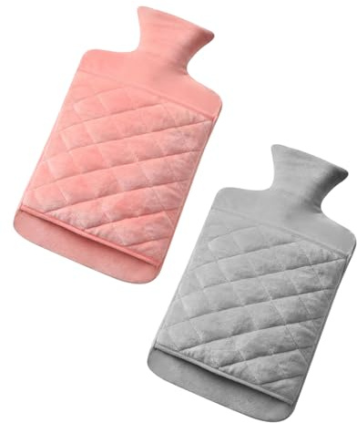 SEESUNO 2 Pcs 2L Hot Water Bottle with Cover, Ribbed Surface Both Sides Fluffy Hot Water Bottle with Hand Pocket for Hot Cold Compress