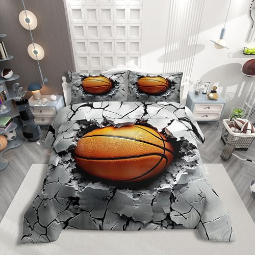 Homewish Basketball Sportthema Bettbezug für Kinder Teenager,Grauer Rissiger Hintergrund Bettwäsche 135x200cm 3D Dynamisches Basketball Aufpralldruck Design Bettset Sports Enthusiasts Bettwäscheset