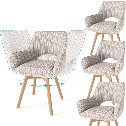 WAFTING 4er Set Esszimmerstuhl Drehbar mit Armlehne und Holzbeinen, 360° Drehbar, Moderner Polsterstuhl mit Stoffrückenlehne für Küche, Wohnzimmer, Schlafzimmer, Hellbraun
