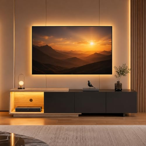 Julyue TV Lowboard mit Intelligente Sensor-LED, TV-Schrank 240cm lang mit Kabelmanagement, Fernsehtisch mit Offenen Stauraum & 3 Schubladen, Naturholzfarbe & Schwarz
