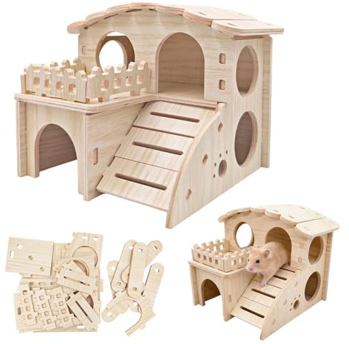 Maison Hamster,Cachette Souterraine en Bois,Kit de Construction en Bois | pour Maison de Hamster - avec Toboggan et Échelle, Maison d‘Angle pour Rongeurs et Petits Animaux 14 x 13 x 12,5 cm