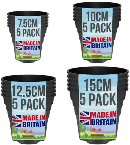 20 Pack Plastic Plant Pots Mixed Sizes - Made in UK - 7.5cm 10cm 12.5cm 15cm - Nursery Pots - Recyclable - With Drainage Holes - BPA Free - Black