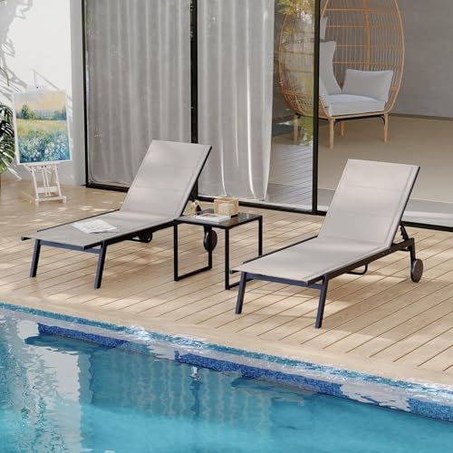 GarveeMore 2er Set Sonnenliege Mit Rollen, Gartenliege Mit 5-Stufige Verstellbarer Rückenlehne, Liegestuhl Mit Tisch Für Pool, Garten, Balkon, Terrasse, Bis 158kg Belastbar