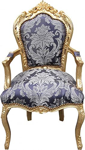 Casa Padrino Barock Esszimmer Stuhl Blau Muster/Gold mit Armlehnen - Limited Edition