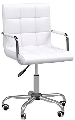 HOMCOM Bürostuhl Drehstuhl Kosmetikhocker Rollhocker Drehhocker Arbeitshocker Chefsessel Stuhl Schreibtischstuhl Metall PU Weiß 52,5 x 54 x 84-99 cm