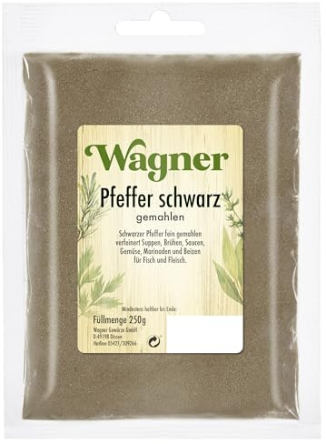 Wagner Gewürze - Pfeffer schwarz gemahlen | 250 g im Beutel | Scharfes Pfefferpulver zum Würzen