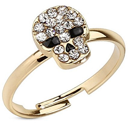 Bungsa Zehenring rosegold Zirkonia Kristall Totenkopf Skull Mittelring Rosegold Brass Fusschmuck Sandalen (Zehring Fussschmuck Fussring Toe-Ring Nail Ring Mittelring Nagelring biegbar verstellbar)