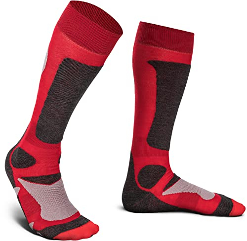 Piarini 2 Paar Unisex Skisocken Skistrumpf Herren Damen Wintersport Snowboard atmungsaktive Knie-Strümpfe Rot Gr.47-50