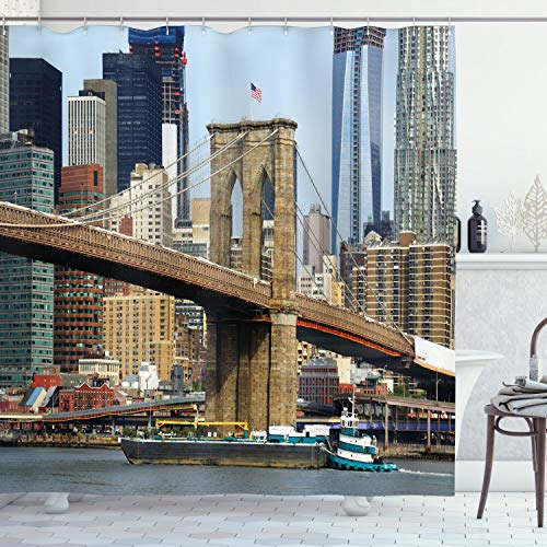 ABAKUHAUS Städtisch Duschvorhang, Skyline von Brooklyn NYC, Stoffliches Gewebe Badezimmerdekorationsset mit Haken, 175 x 200 cm, Mehrfarbig