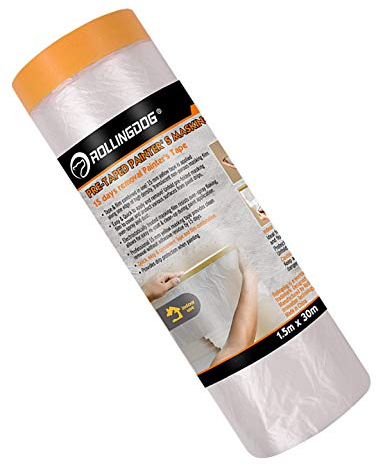 ROLLINGDOG Washi Masking Tape Pre-Taped Painter's Drop Cloth Dust Sheets with Size 1500mm×30m, Low Tack Masking Tape,7 Day Residue Free Removal Masking Film for Painting Protection