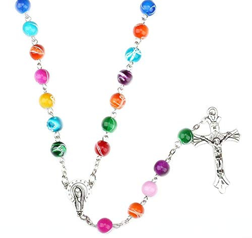 N-K Frauen Glasperlen Kreuz Anhänger Halsketten Rosenkranz Heiligen Halsketten Bunte Stilvolle und Beliebte Fashion