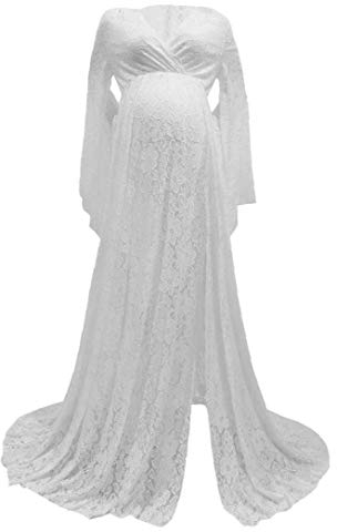 Yililay Schwangerschafts-Fotografie-Kleid mit V-Ausschnitt Lace Langarm Schwangerschafts-Maxi-Kleid für Schwangere Frauen Weiß XL
