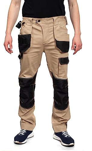 Flex Pantalones de Trabajo elásticos Estilo Cargo para Hombre - Resistentes, con Bolsillos multifuncionales para Rodilleras y Franjas Reflectantes - Caqui - EU52