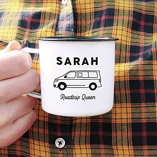 eBuyGB Personalised T5 Campervan Mug, 13oz Travel Camping Enamel Coffee Mug, Metal 380 ml Tea Camper Cup, Gifts for Him or Her, Any Name & Slogan Engraved, Gold