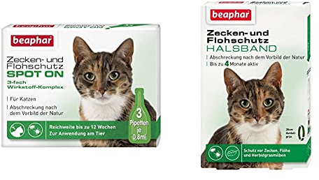 beaphar Zecken- und Flohschutz Spot On für Katzen, Zecken- und Flohschutz mit Margosa Extrakt, 3 x 0,8 ml & Flohschutz Halsband Katze | Schutz vor Zecken Flöhen | Grün |35cm