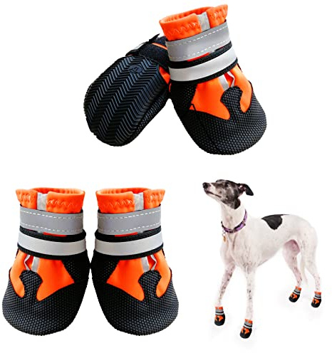 NeuWee Hundeschuhe, 4er-Set wasserdichte Hundeschuhe Anti-rutsch Hundestiefe mit reflektierendem Riemen, Regenschuhe Hundestiefel Pfotenschutz für Kleine Mittelgroße Große Hunde (XL, Orange)