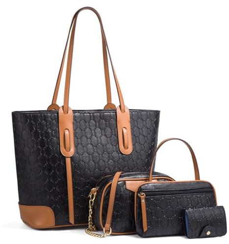 HAWEE Mode Damen Schultertasche mit Reißverschluss Handtasche Groß Frauen Umhängetasche PU Leder Elegant Tragetasche Henkeltasche Geldbörse 4-teiliges Set