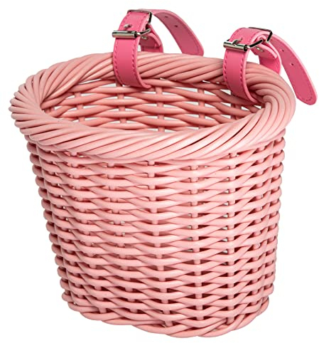 ZUKKA Woven Fahrradkorb Kinder Vorne Lenkerkorb Kinder Fahrradkörbchen Geflochten für für Mädchen und Kinder mit Lederriemen, Dekorativ, Abnehmbar,Rosa
