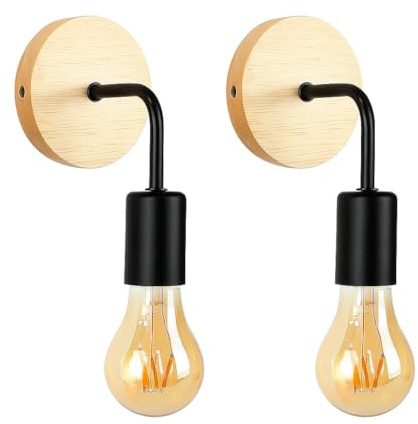 PACK 2. Vintage Wandleuchte „Morgan“ – Holz & Metall – E27 Fassung (ohne Glühbirne) – Schwarz oder Weiß – Retro Design für Innenräume