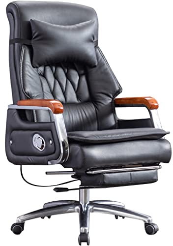 Chefsessel Ergonomisch 90°-155° Winkeleinstellung Computerstuhl, Büro Echtes Leder Bürostuhl, Drehbarer Sessellift, Tragfähigkeit 200kg/440.9lbs (Color : Black, S : 114-120 * 52cm)