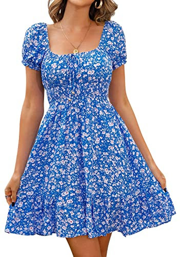 Livonmone Damen Kleid Lässig Sommerkleid Blumendruck Hohe Taille Kleider Puff Ärmel Retro Sexy Casual Tunika Beach Minikleid (Blau, L)