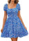 Livonmone Womens Summer Casual Sweetheart Neckline Puff Sleeve Floral Print High Waist Dress Boho Beach Mini Short Dresses (Blue, L)