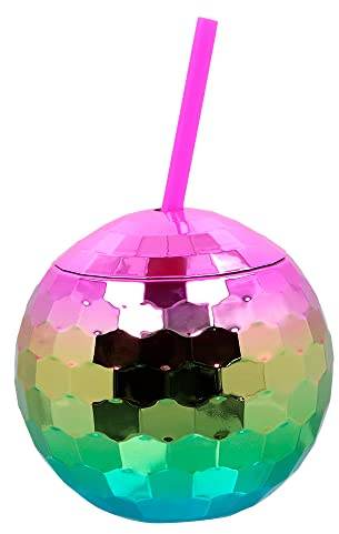 Boland Rainbow Disco Ball Drinking Cup with Straw 500ml 70s Fancy Dress Accessory Party Cup Partyare Disco Theme