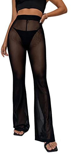 GORGLITTER Damen Transparent Schlaghose Yogahose Elastischer Bund Mesh Lange Hosen Hohe Taille Strandhose Schwarz XS