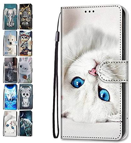 Hülle für Huawei P20 Lite, Leder Tasche Flip Case Mädchen Jungs Muster Design Etui Schutzhülle Cover Handyhülle für Huawei P20 Lite - Weißes Kätzchen