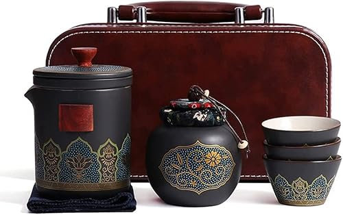 fikujap Service à thé de Voyage Service a Thé en Porcelaine Voyage Portable Ensemble de Tasses a Thé, Chinois/Japonais Vintage Théière, Tasses a Thé, Boîte a Thé Gongfu Sachet-Cadeau de Service,Noir