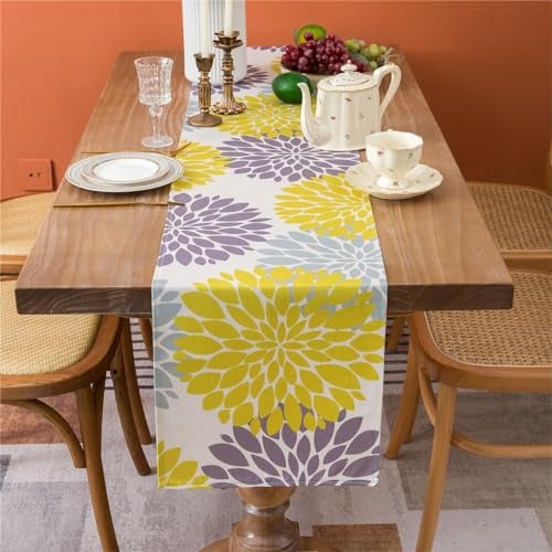 Tischläufer Leinen Tischläufer Frühling Wohnzimmer Gelb und Grau Tischdeko Boho Blumen Tischmatten für Kommode Schrank Tisch TV Küche Esstisch Party Bankett Hochzeit Tischläufer 40 x 140 cm