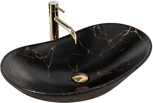 Rea Aufsatzwaschbecken Royal 60 Black Marble Mat Waschtisch Handwaschbecken Waschschale Waschbecken für Badezimmer aus hochwertiger Keramik 605 mm x 360 mm x 160 mm (schwarz matt)