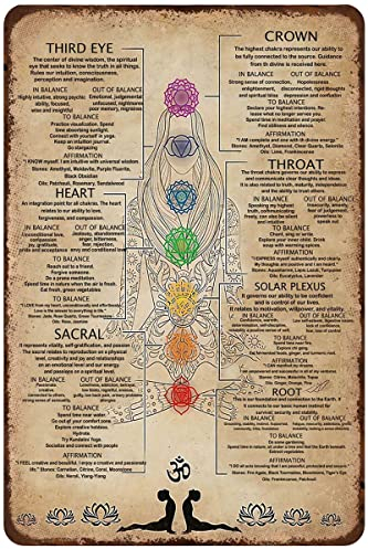 UOAIUDT Cartel de estaño vintage de 7 chakras para los amantes del yoga, póster de metal, placa retro, decoración de pared, regalo para jardín, hombres, cueva, garaje, aula, biblioteca, sala de estar,