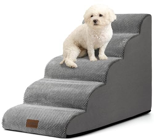 COZY KISS Hundetreppe für Kleine Hunde 57cm, Haustiertreppe für Hochbett aus Hochdichtem Schwamm, Hunde Treppe Hunderampe mit Waschbarem Bezug und Rutschfestem Boden, 40x84x57cm, 5 Stufen, Grau
