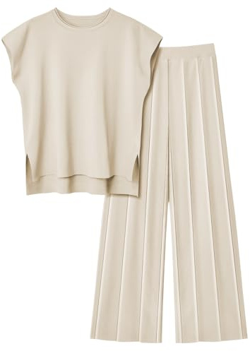 LILLUSORY 2-teiliges Set für Damen, Sommerurlaub 2025, Lounge-Outfits, passend, 2-teilig, Frühlingsstrick-Trainingsanzüge, Beige, Large