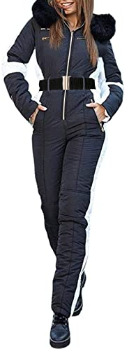 Skianzug Damen Einteilig Schneeanzug Wasserdicht Winter Warme Skioverall Frauen Snowboard Schneeoverall mit Kapuze Reißverschluss Outdoor Skifahren Sätze
