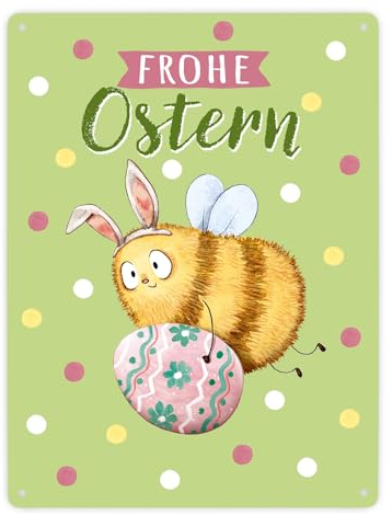 Pummel Biene Metallschild XXL in 28x38 cm mit Spruch Frohe Ostern Osterhase Blumenwiese Ideales Ostergeschenk Frühlingshaftes Hummel Motiv Perfekt für Osternest