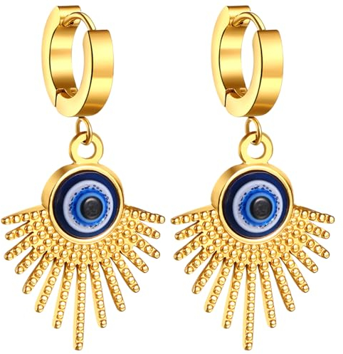 Flongo Ohrringe Damen Türkisches Auge: evil eye gold Hoop baumelnd Huggie Creolen groß Statement Ohrstecker Quasten charm chunky böser blick Edelstahl vergoldet goldene Earrings Glücksamulett Frauen